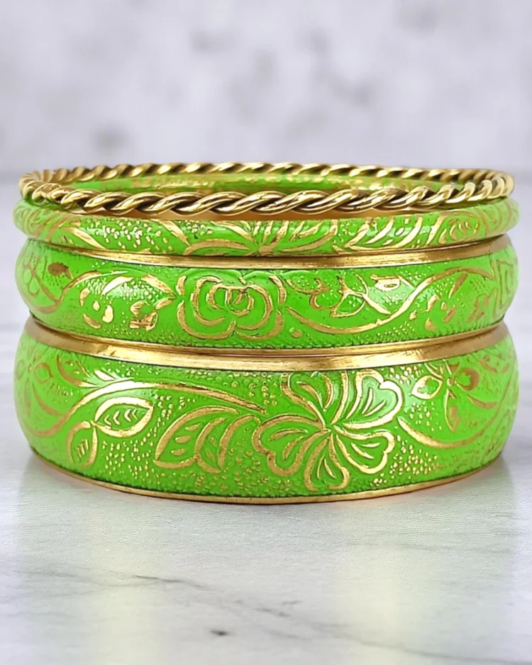 Spring Meadow Light Green Metal Bangles Set