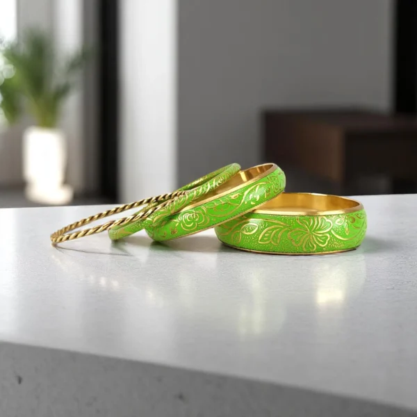 Spring Meadow Light Green Metal Bangles Set - Image 4