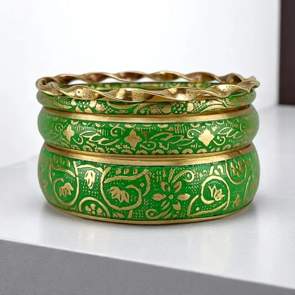Sheltered Meadow Green Color Brass Bangles Set - Image 1